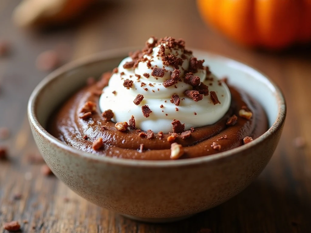 Chocolate pumpkin pudding topped with whipped cream chocolate and pecans