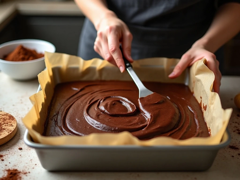 Chocolate ricotta cake batter spread in a baking pan