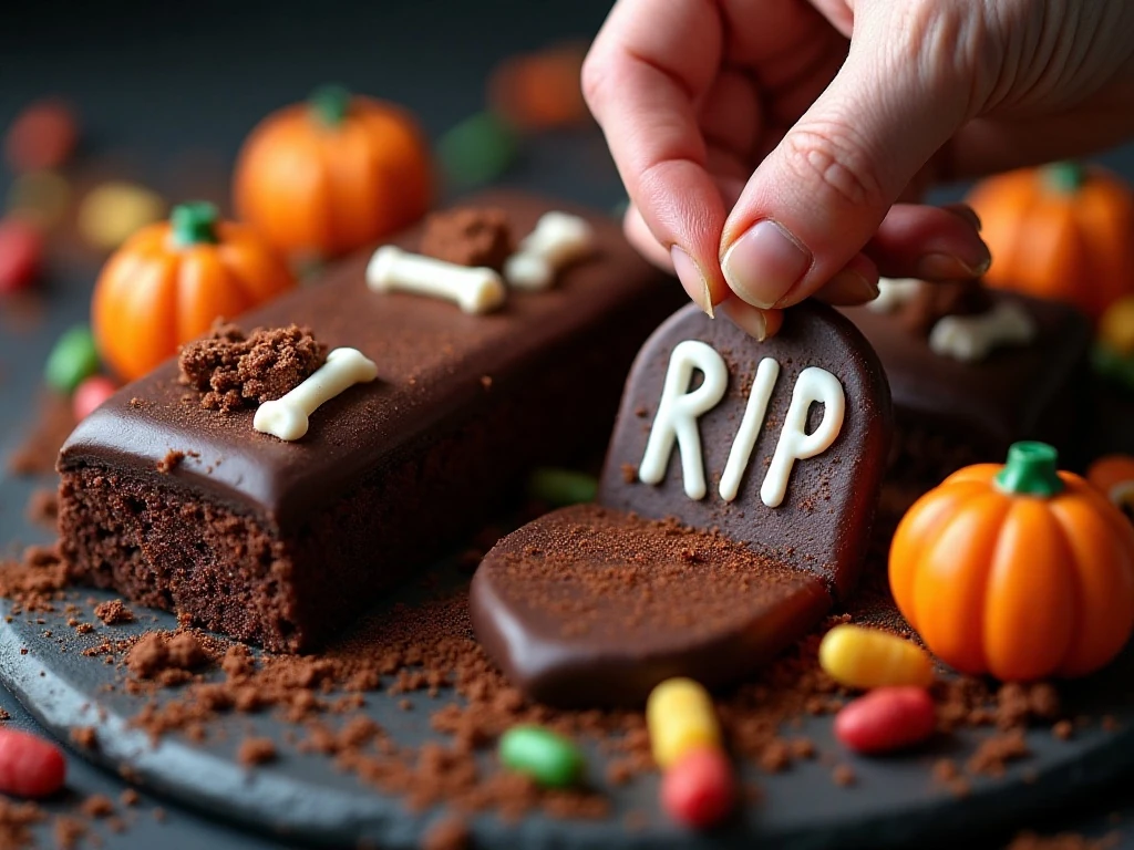 Decorating chocolate cookie tombstones for a Halloween cake