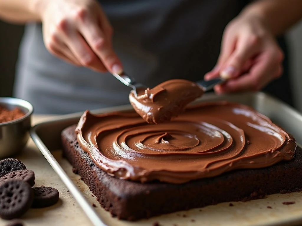 Chocolate frosting spread over a cooled sheet cake
