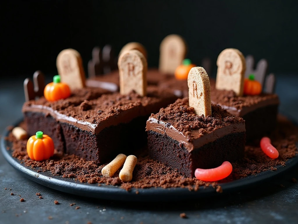 Finished chocolate ricotta graveyard cake ready for Halloween serving