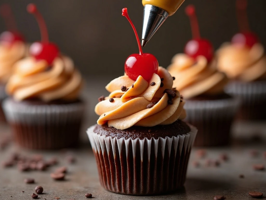 Root beer buttercream piped onto a chocolate cupcake