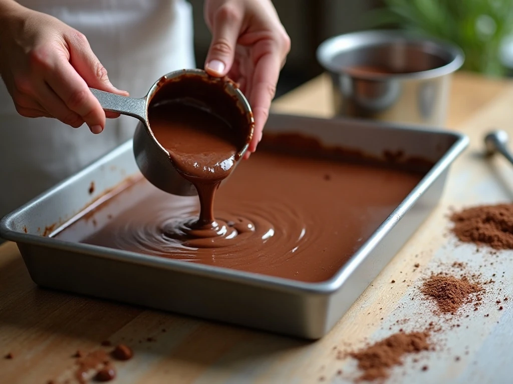 Chocolate sheet cake batter being poured into a rimmed baking pan