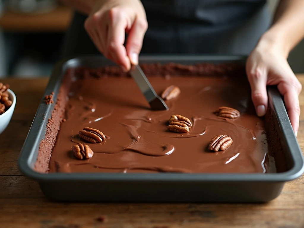Warm chocolate icing being spread over freshly baked sheet cake