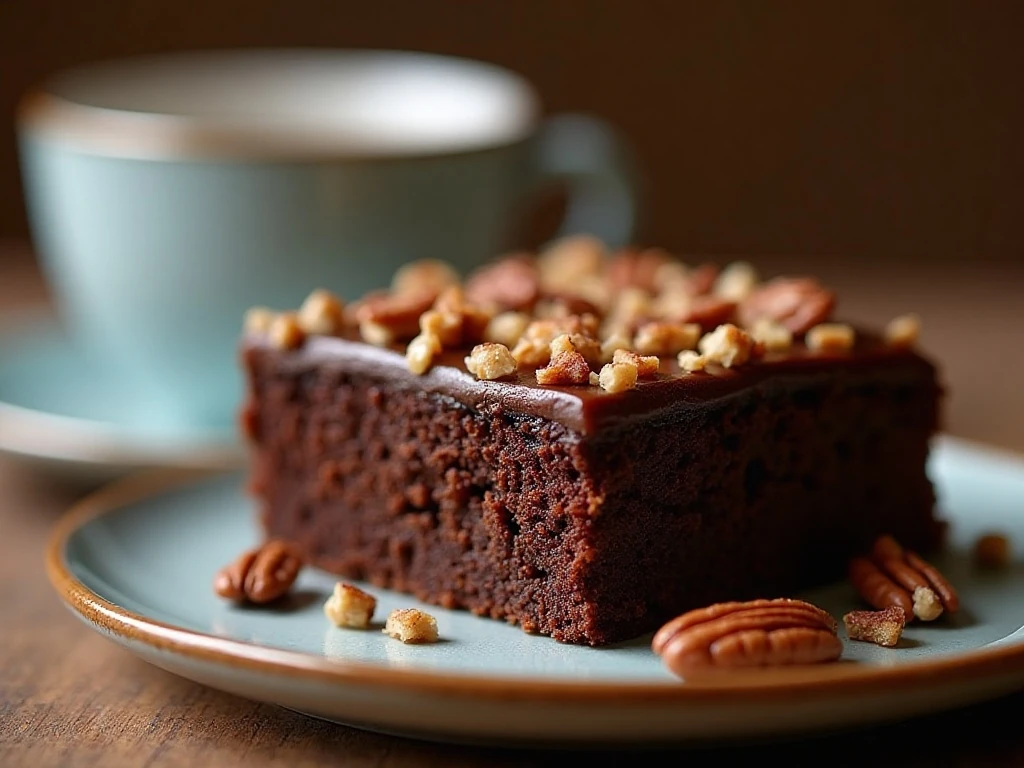 Close-up chocolate sheet cake slice with pecan chocolate icing