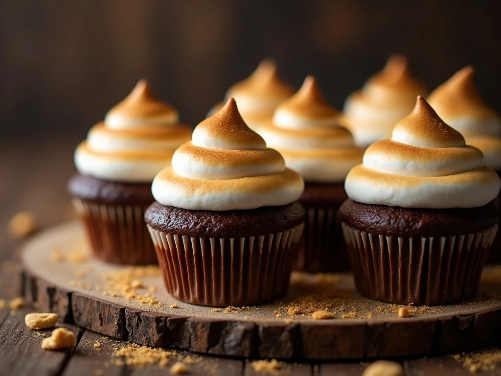 Chocolate s’mores cupcakes with toasted marshmallow frosting and graham-cracker bases