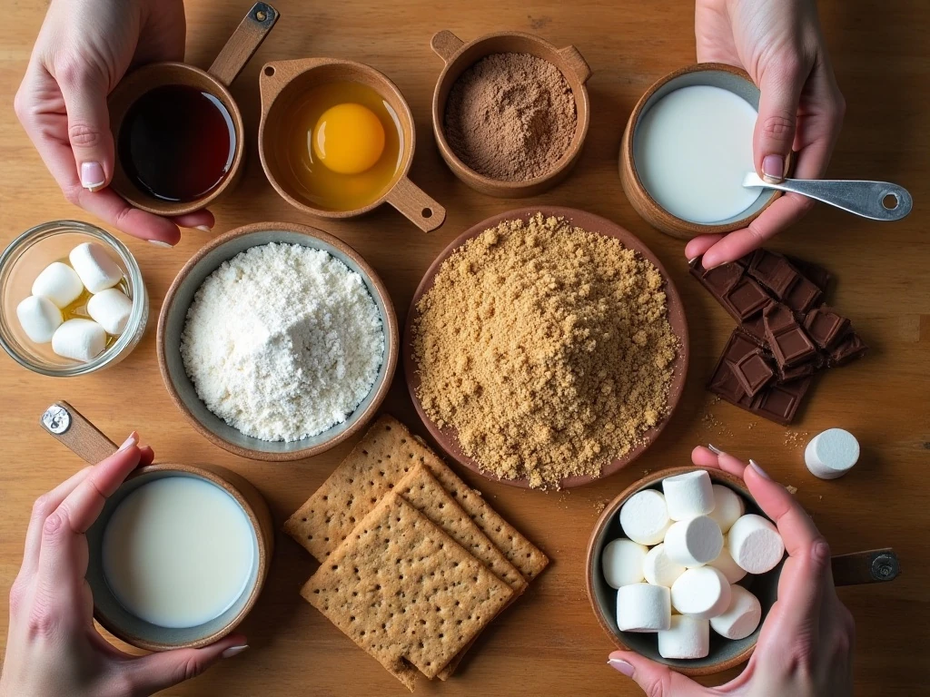 Ingredients for chocolate s’mores cupcakes arranged for baking