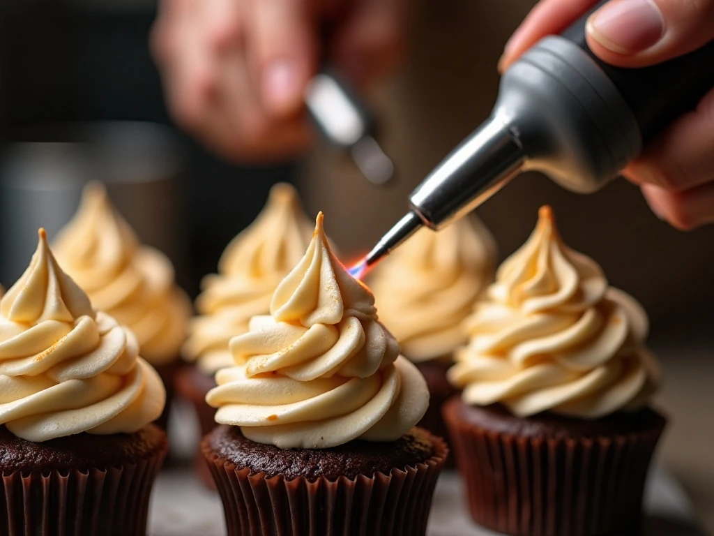 Toasting marshmallow frosting on chocolate s’mores cupcakes with a kitchen torch
