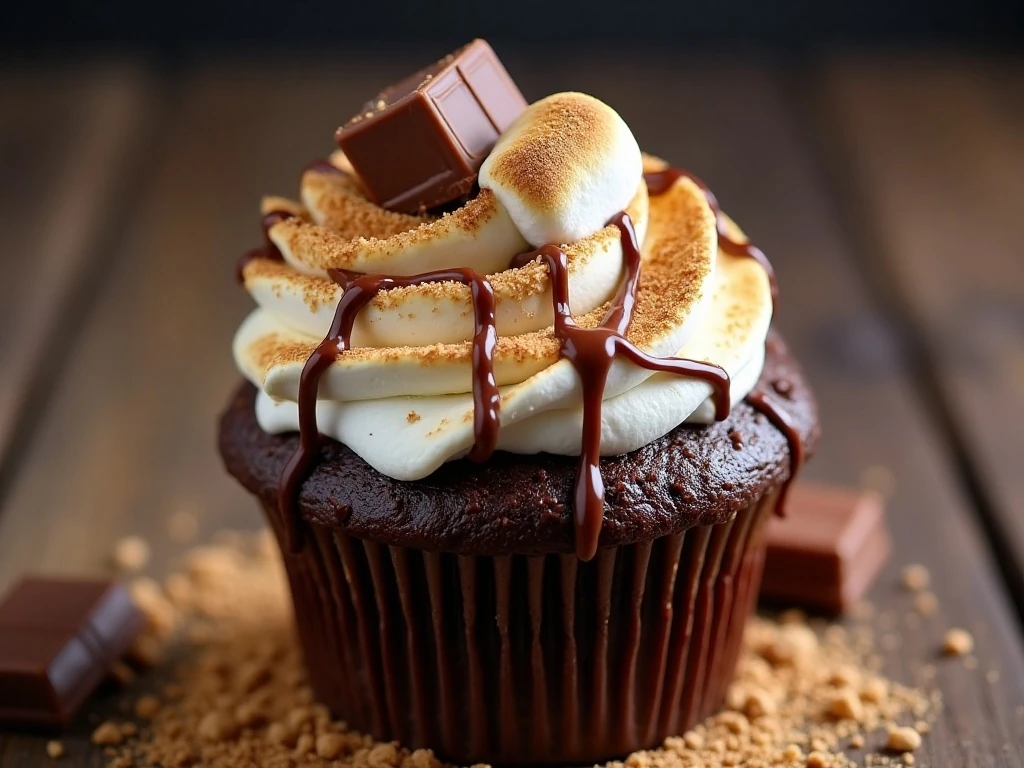 Close-up of toasted marshmallow frosting with graham and chocolate toppings
