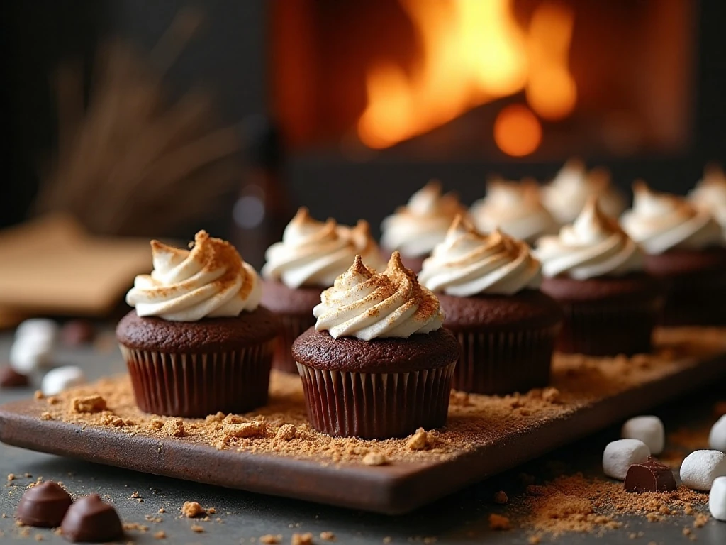 Platter of campfire-inspired chocolate s’mores cupcakes