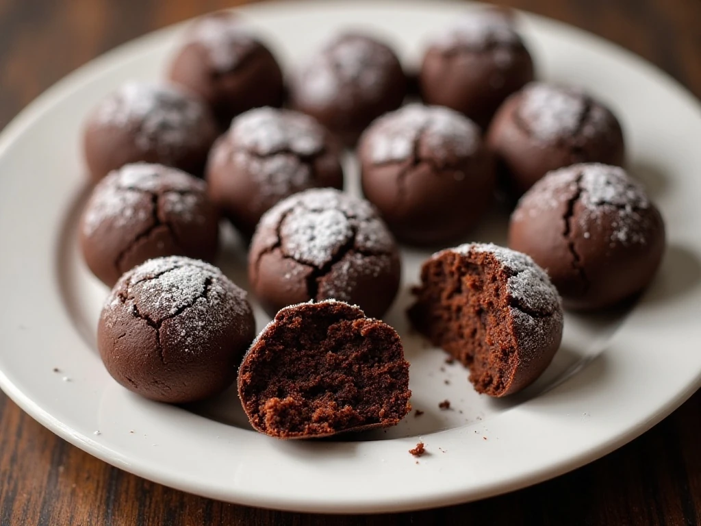 Rich fudgy chocolate truffle cookies with crackled sugar tops