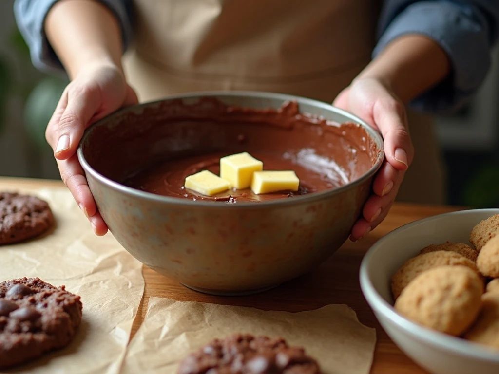 Preparing melted chocolate cookie dough for truffle cookies