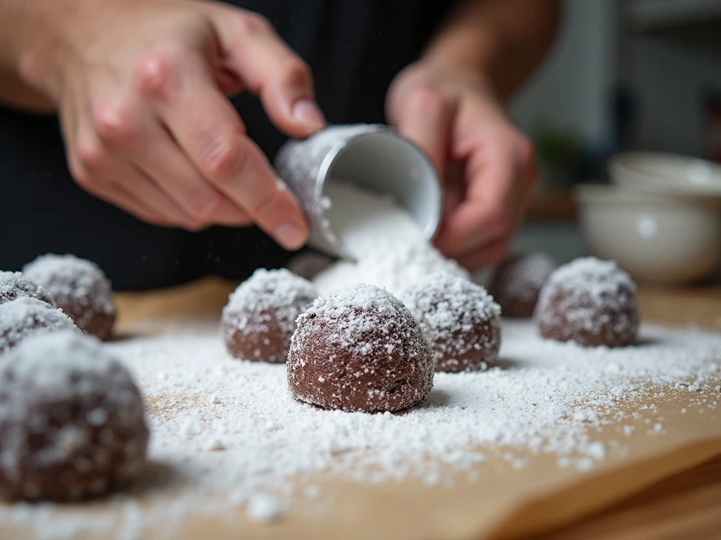Chocolate cookie dough balls rolled in confectioners’ sugar