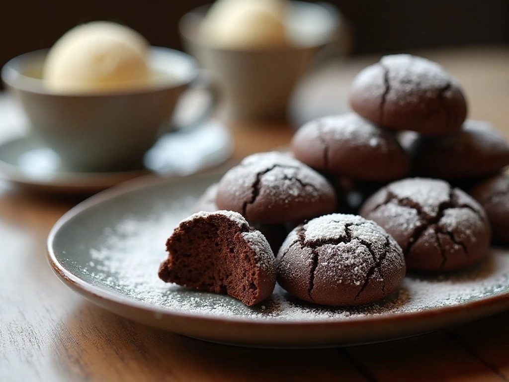 Chocolate truffle cookies served with coffee and vanilla ice cream
