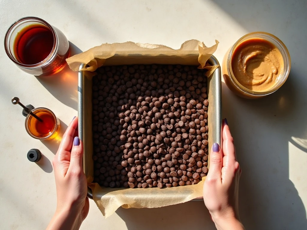 Four ingredients for easy chocolate vegan fudge arranged beside a parchment-lined square pan