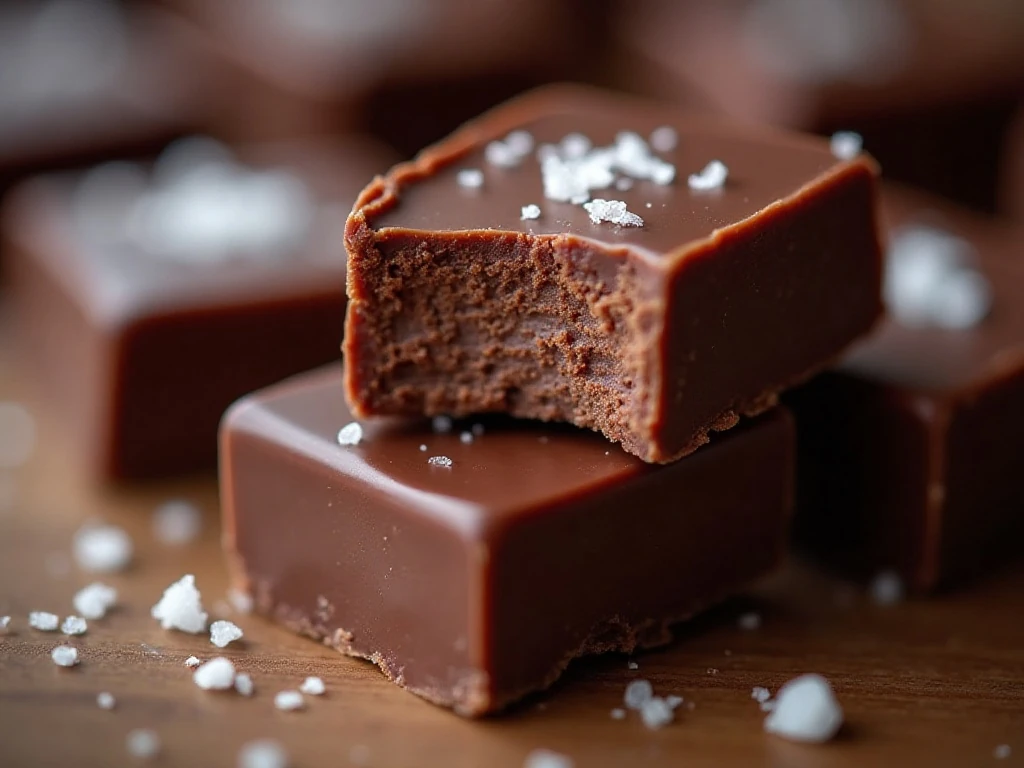 Close-up of smooth creamy chocolate vegan fudge with an optional salt garnish