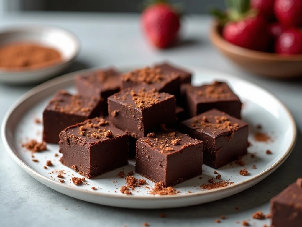 Small squares of chocolate vegan fudge arranged on a dessert plate