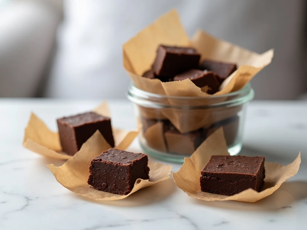Vegan fudge squares stored between parchment layers in an airtight container