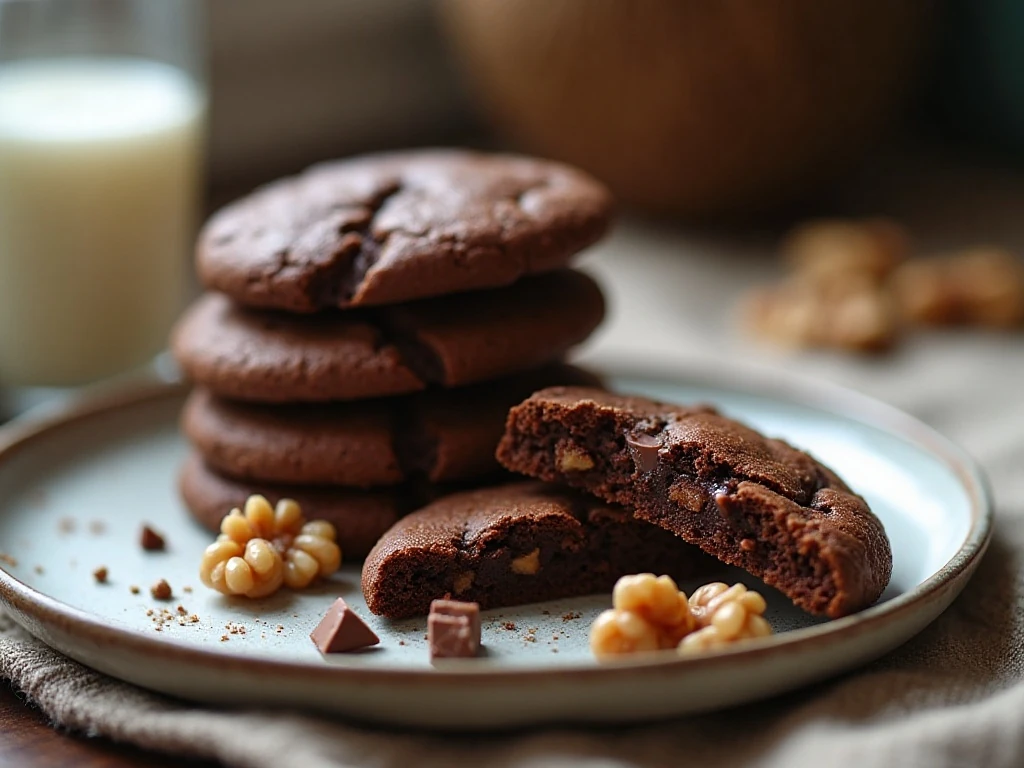 Stack of chewy chocolate walnut cookies with soft centers and chocolate chips