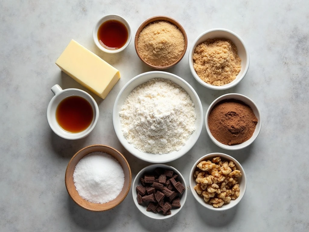 Ingredients for chewy chocolate walnut cookies arranged in a flat lay