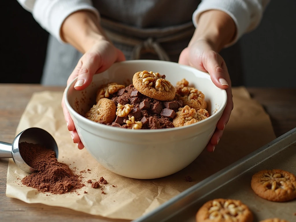 Chocolate walnut cookie dough being mixed with chocolate chunks and walnuts