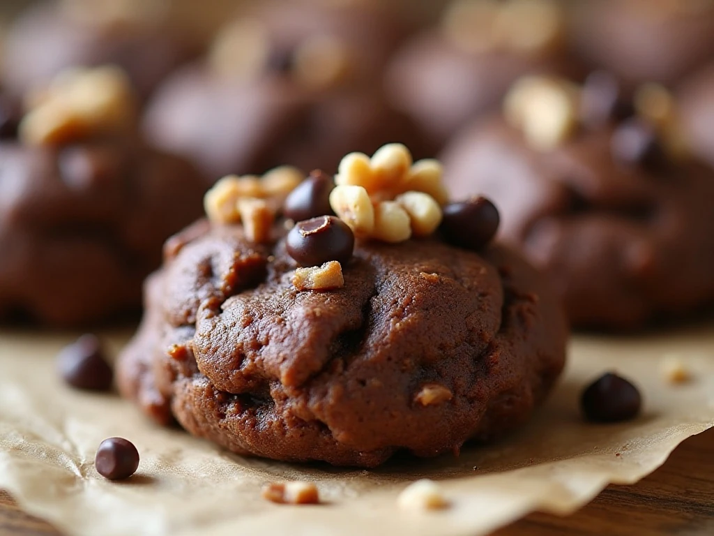 Cookie dough portions topped with chocolate pieces and walnut fragments