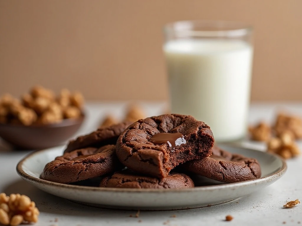 Chewy chocolate walnut cookies served with milk and extra walnuts
