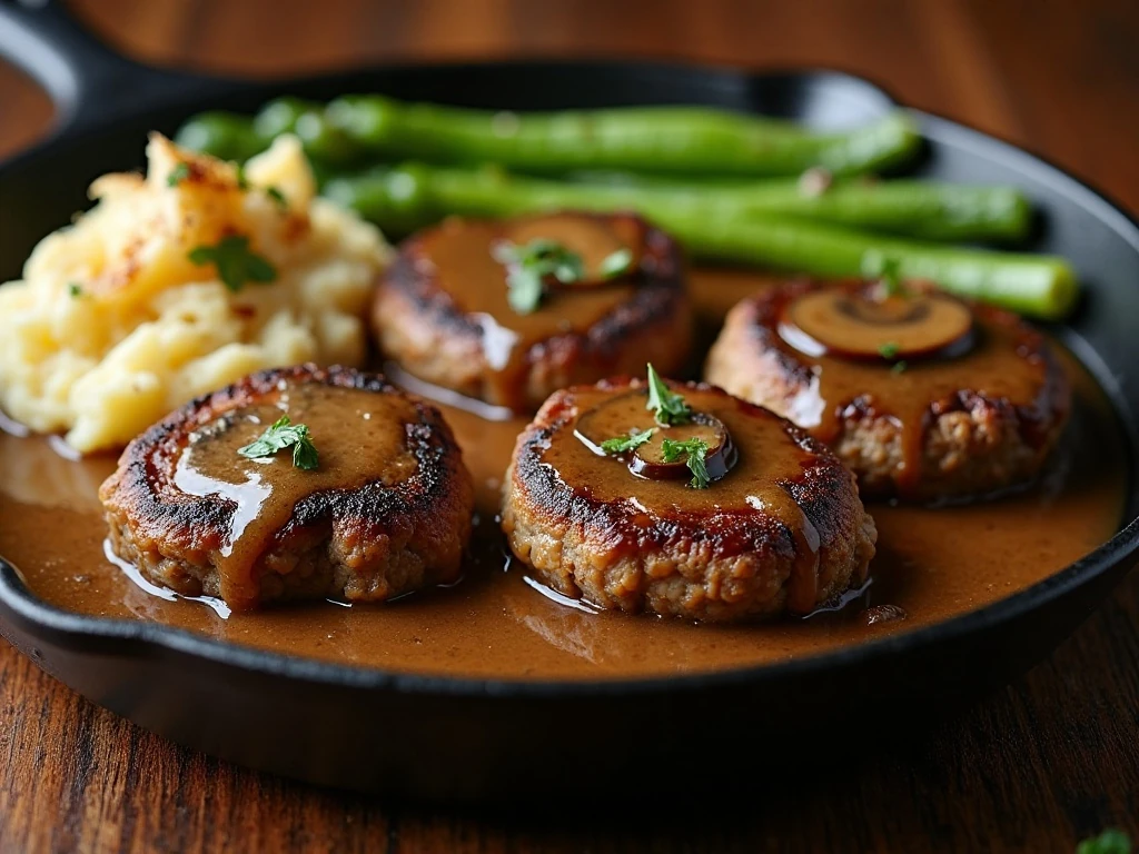 Chopped steak patties covered in mushroom gravy and served with mashed potatoes