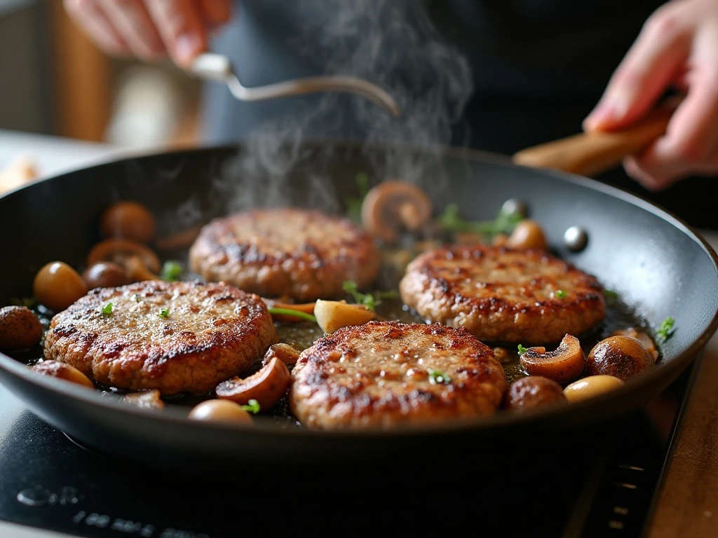 Chopped steak patties and mushrooms searing in a skillet