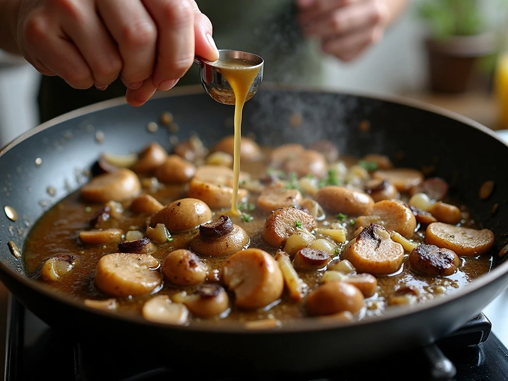 Seared mushrooms and onions forming the base of beef gravy