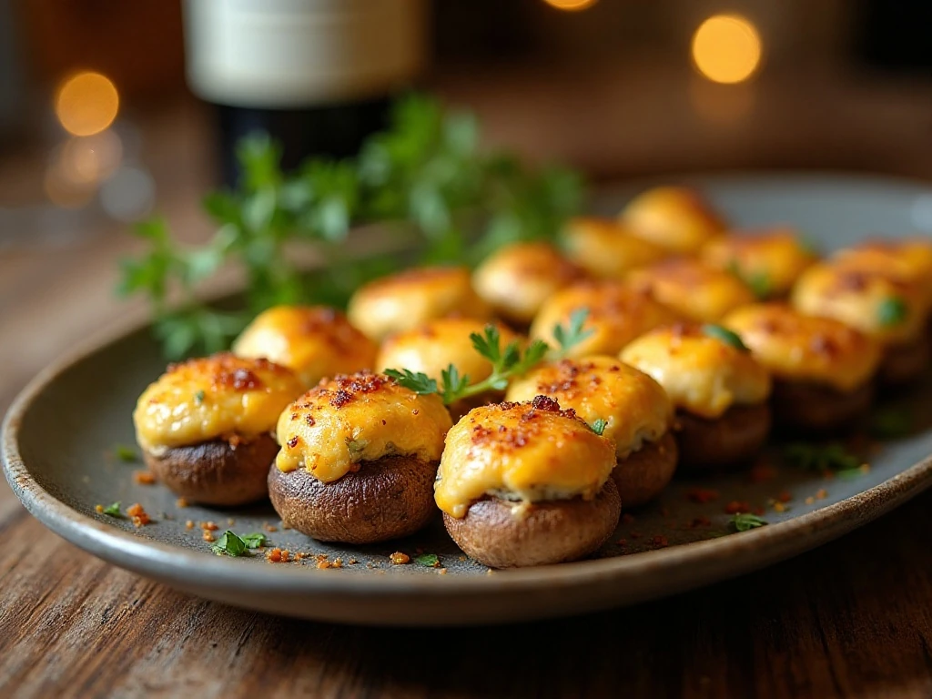 Golden chourico cheese-stuffed mushrooms arranged on an appetizer platter