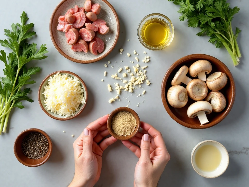 Ingredients for chourico cheese-stuffed mushrooms