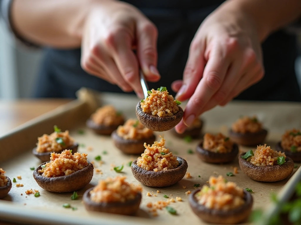 Filling mushroom caps with chourico and cheese stuffing