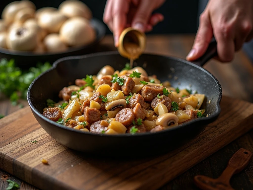 Sautéing chourico and mushroom filling for stuffed mushrooms