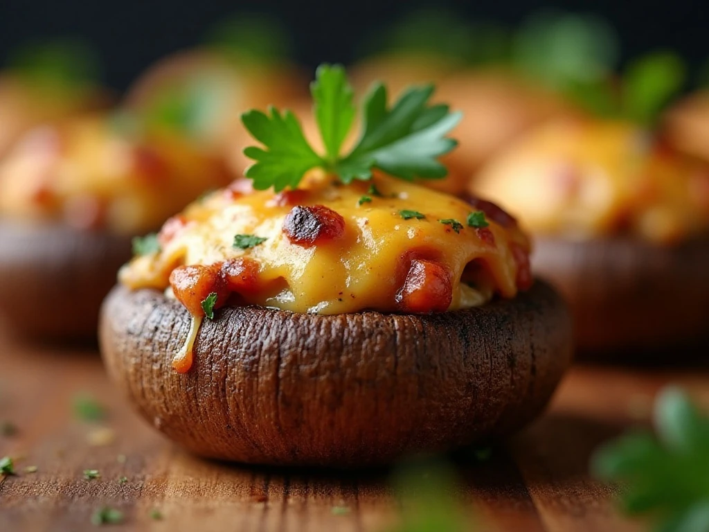 Close-up of a warm cheese-stuffed mushroom garnished with parsley