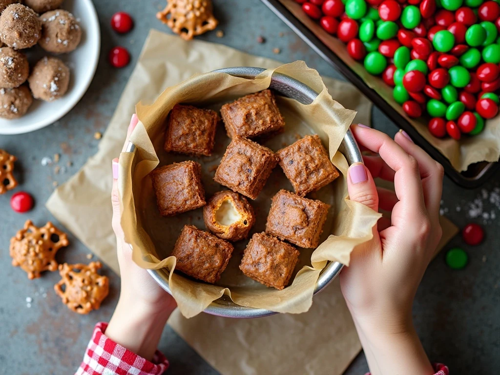 Pretzels, Hershey’s Hugs, and red and green M&M ingredients
