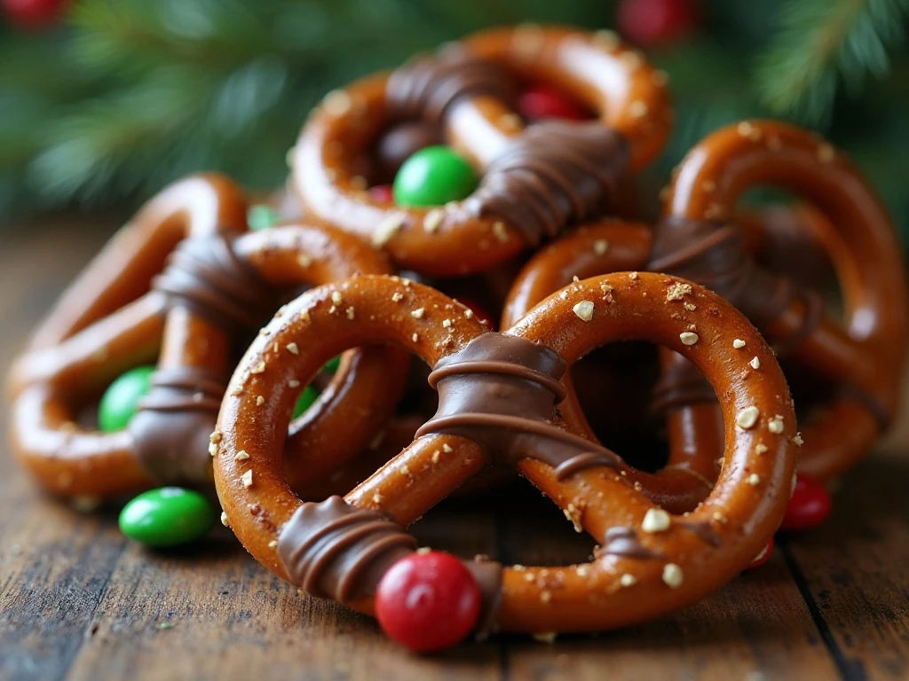 Close-up of neatly centered M&M toppings on pretzel hugs