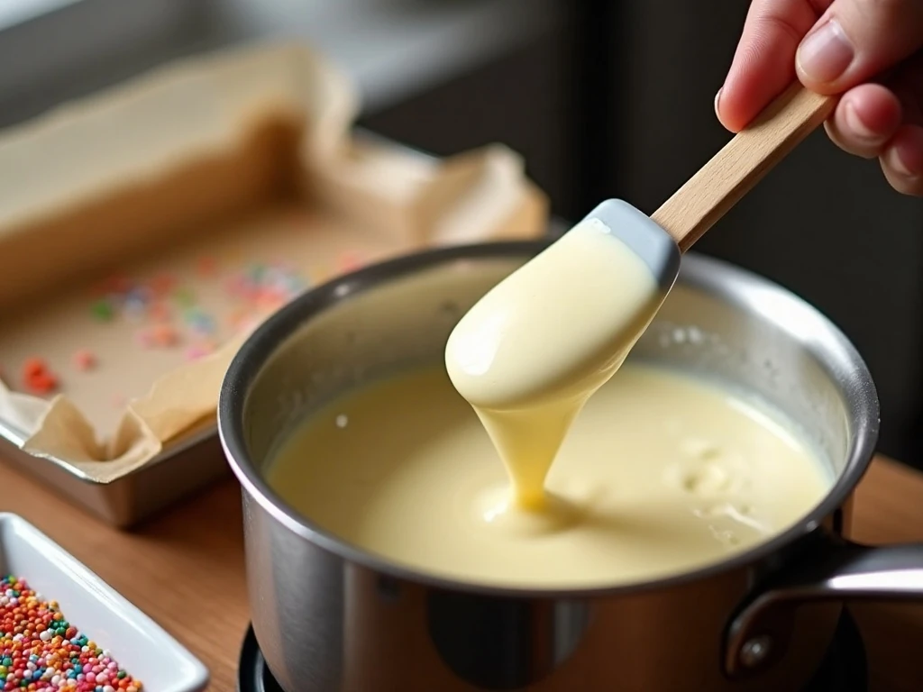 Stirring white chocolate cookie fudge mixture in a saucepan