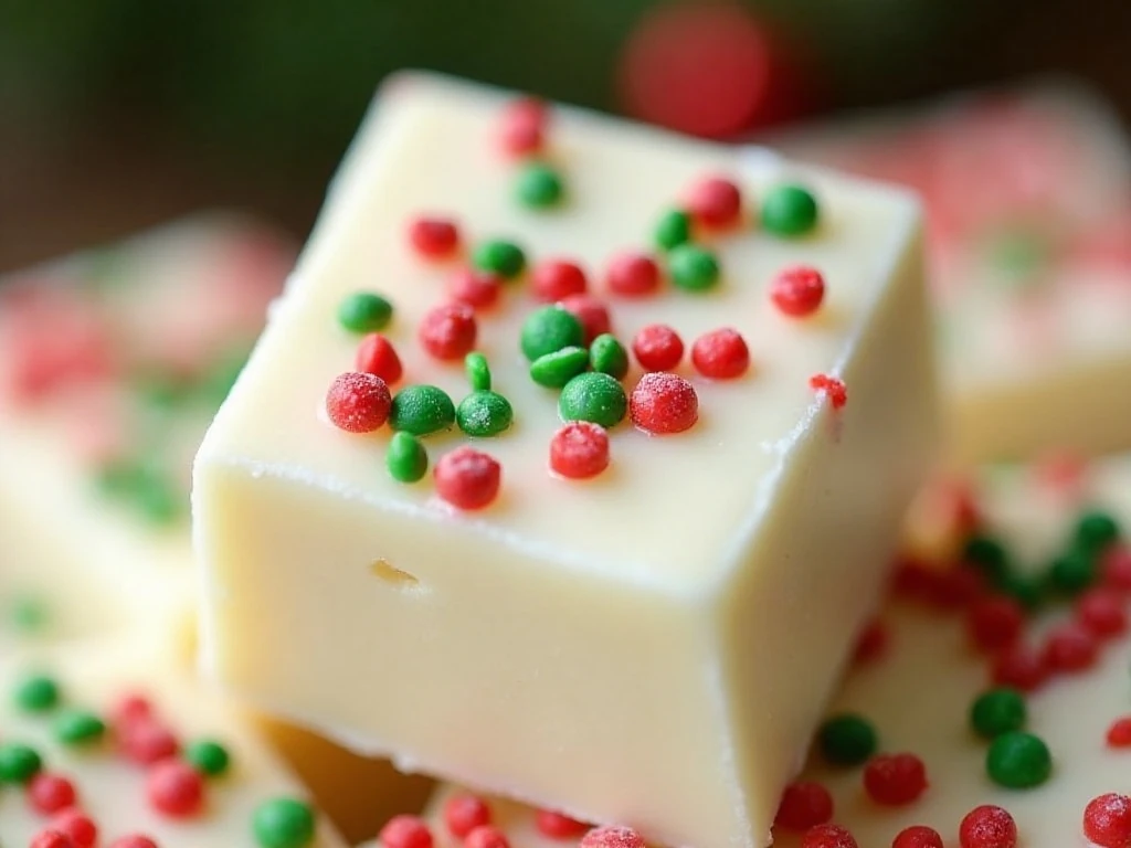 Close-up of creamy Christmas fudge with holiday sprinkles