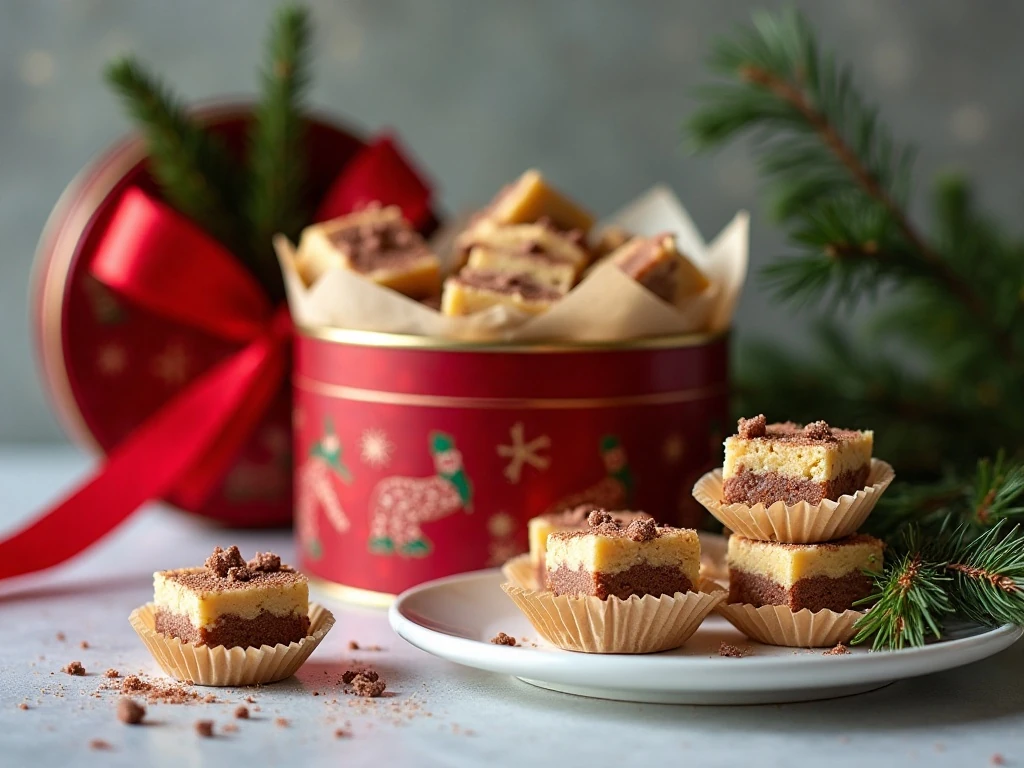 Christmas cookie fudge packed in a holiday gift tin