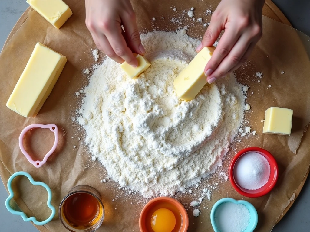 Ingredients and cookie cutters for Christmas sugar cookies