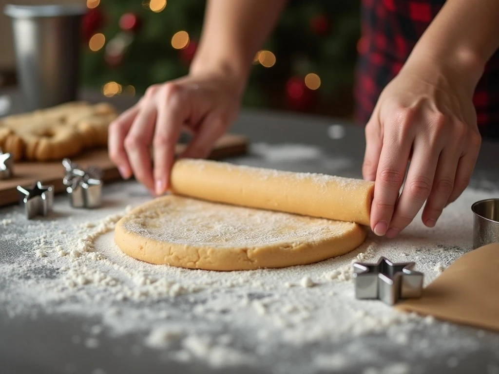 Rolling and cutting Christmas sugar cookie dough