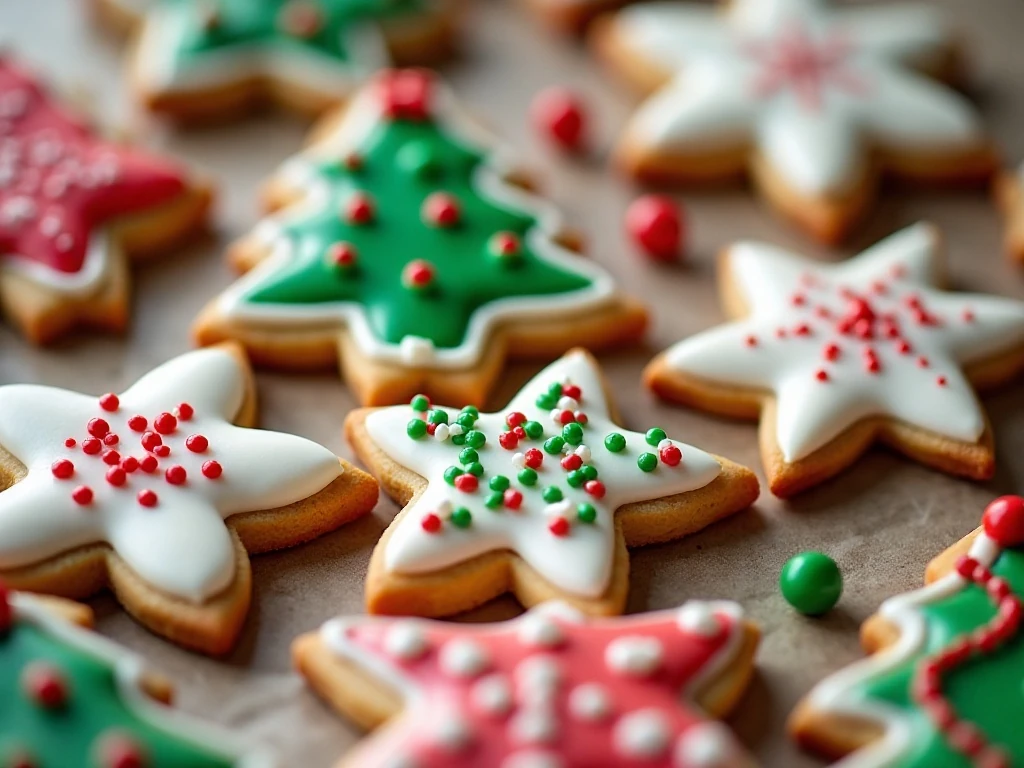 Colorful decorated Christmas sugar cookies with sprinkles