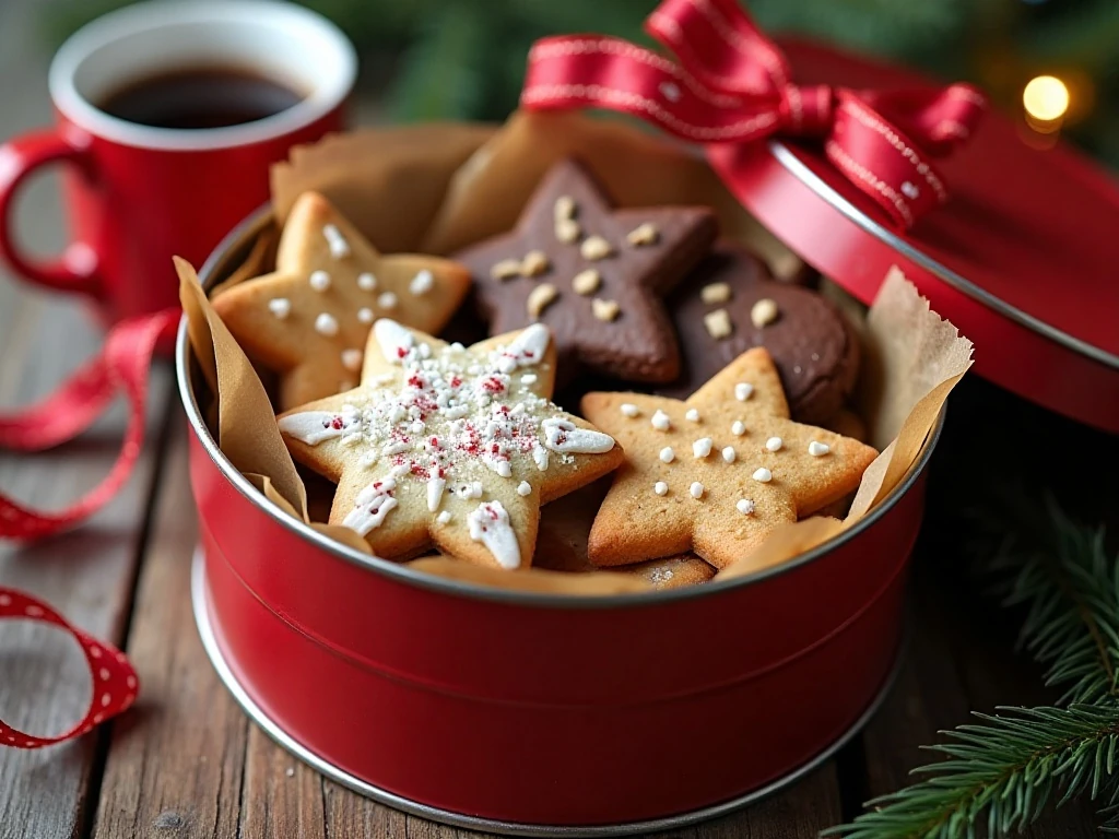Christmas cookies packed in a gift tin