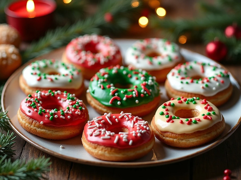 Festive Christmas donut cookies with red green and white icing