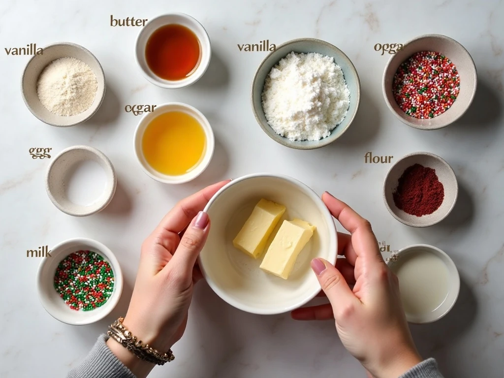 Ingredients for Christmas donut cookies and decorating icing