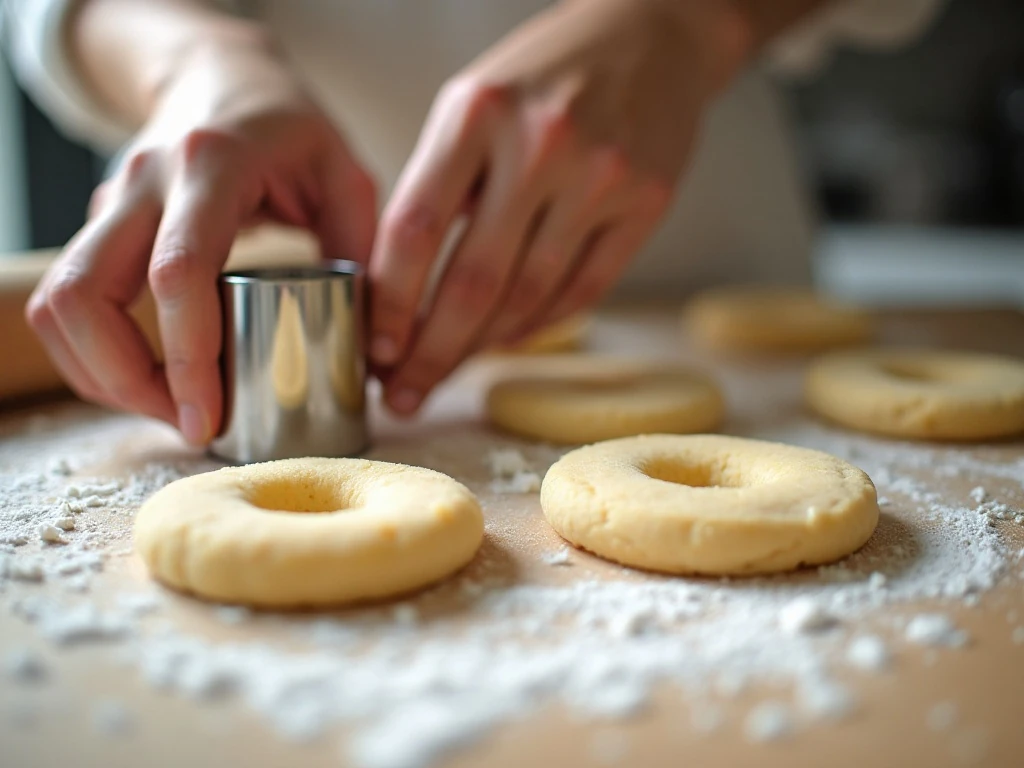 Cutting donut-shaped sugar cookies from chilled dough