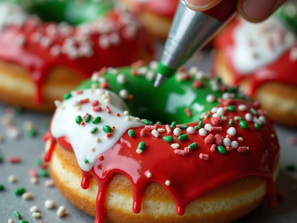 Close-up of icing and sprinkles on Christmas donut cookies