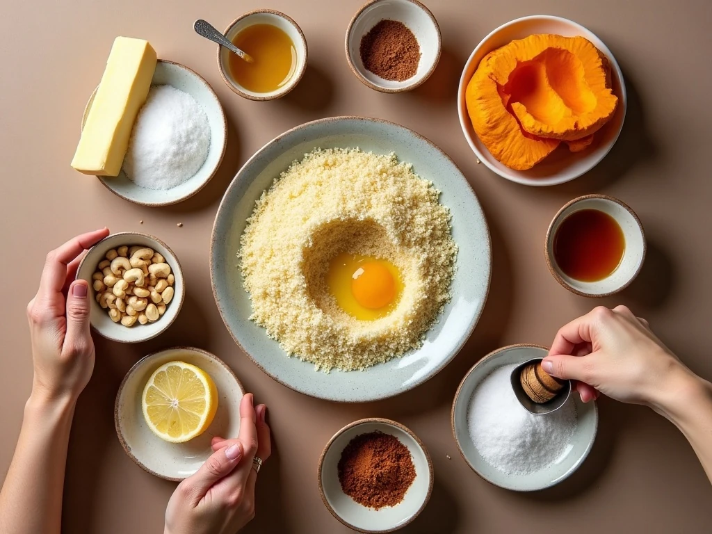 Ingredients for traditional Christmas love cake including semolina cashews spices and candied pumpkin