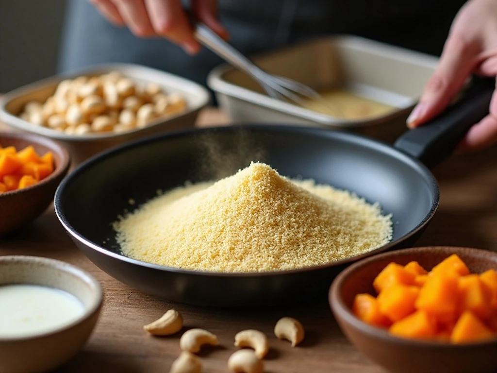 Toasting semolina and preparing ingredients for Sri Lankan love cake